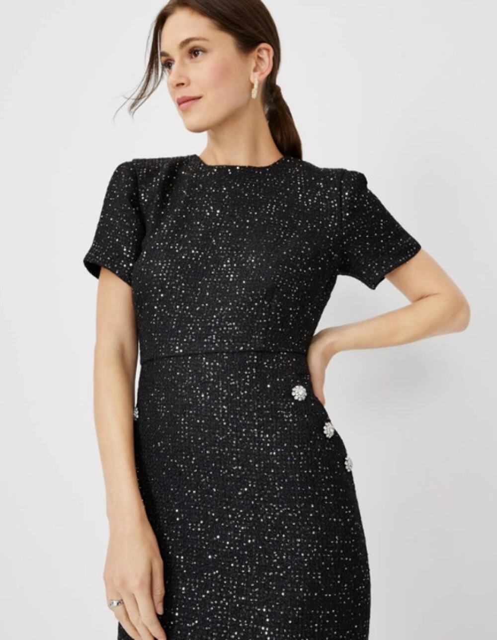 Ann Taylor Tweed Sparkle Jewel Button Trim Sequin Mini Dress Short Sleeve Sheath